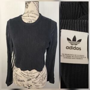 Adidas Originals Ribbed Crop Top Womens SZ XL Semi Sheer Long Sheer Sleeve Black